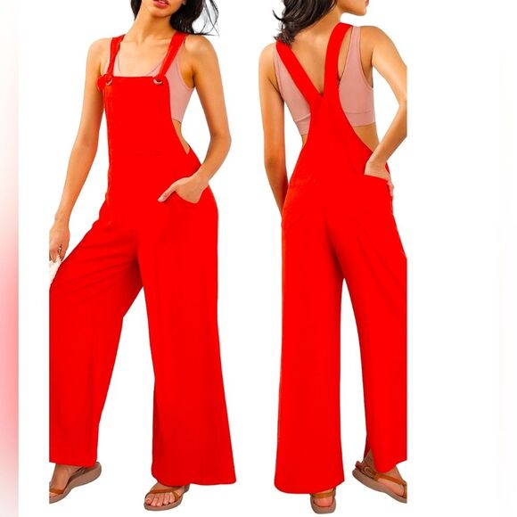 Anthropologie Rompers Constance Red Wide-Leg Overalls Linen Bland XS Relaxed Fit - Picture 2 of 10